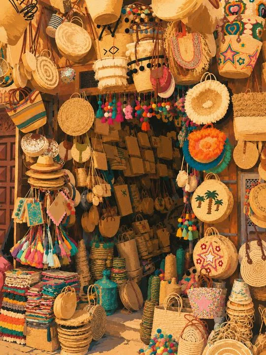 Traditional baskets and colourful handmade goods in a Moroccan market