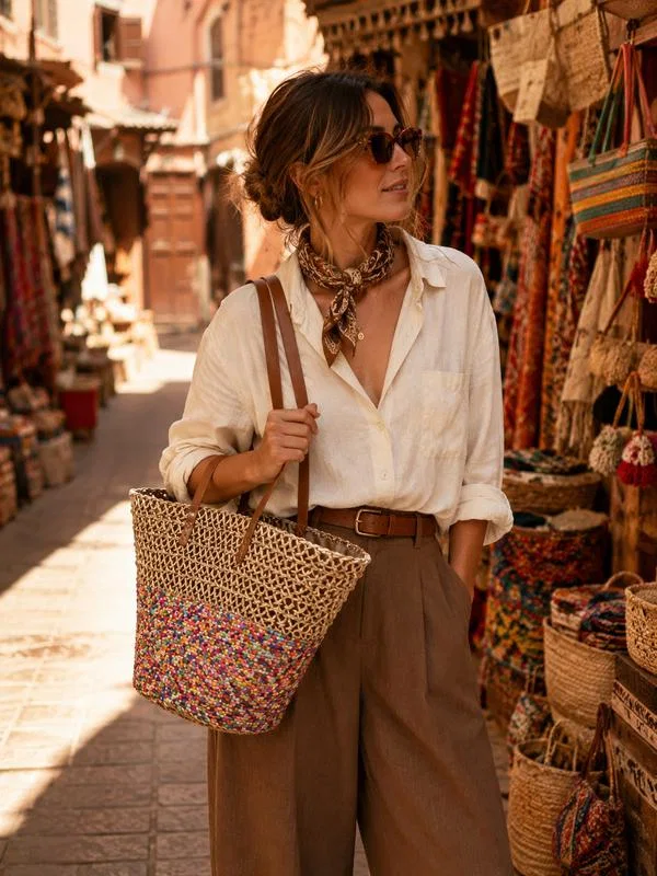 Woman carrying a handwoven Fifty Fifty basket in Marrakech